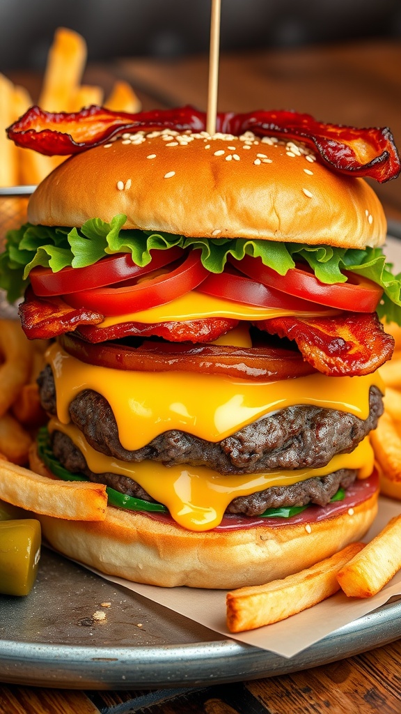A mouthwatering grilled burger with cheese, bacon, lettuce, and tomato on a toasted bun, accompanied by fries.